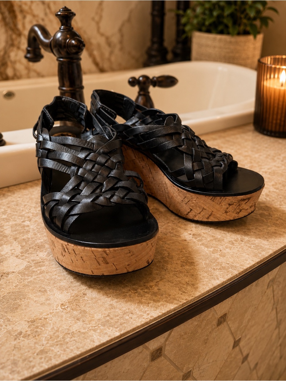 Tory Burch Black Woven Leather Cork Wedges 6.5